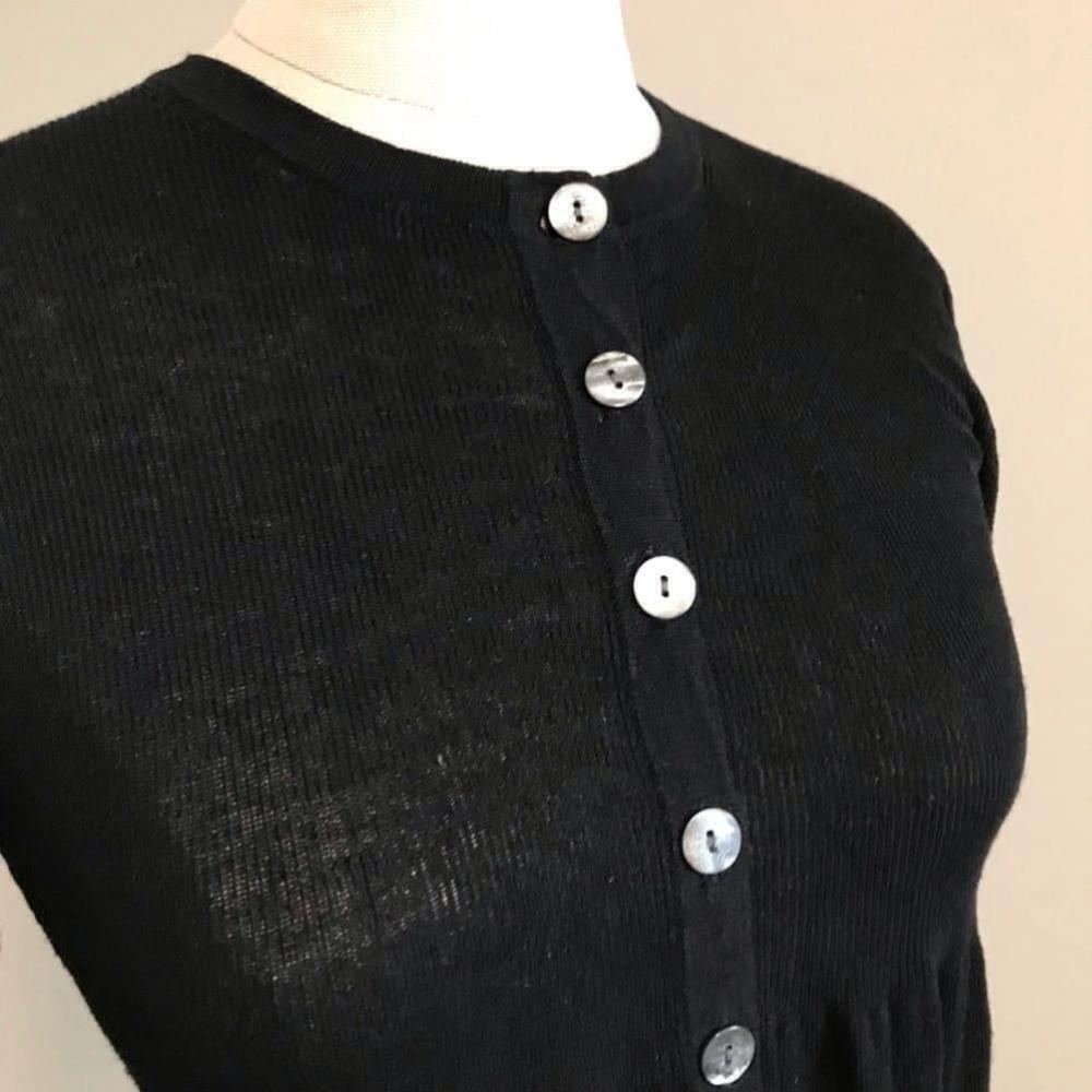 Trina Turk linen blend long sleeve button front black fitted cardigan top - Picture 4 of 11